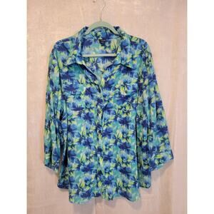 Basic Editions Plus 3X Women Blue Yellow Floral ButtonFront RollTab Sleeve Shirt